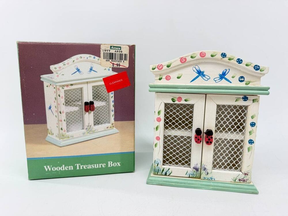 Vintage Wooden Treasure Box Cabinet Dragonfly Ladybug Floral Decor w/ Box
